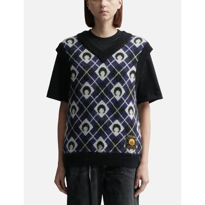 Marine Serre 【 Moon Argyle Knit Vest Women Black 】 ニット ベスト レディース 黒色 ブラック|スニケス