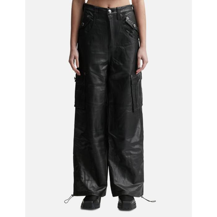 Lesugiatelier 【 Leather Cargo Pants Women Black 】 なめし革 積貨委託貨物 レディース 黒いこと 黒いこと