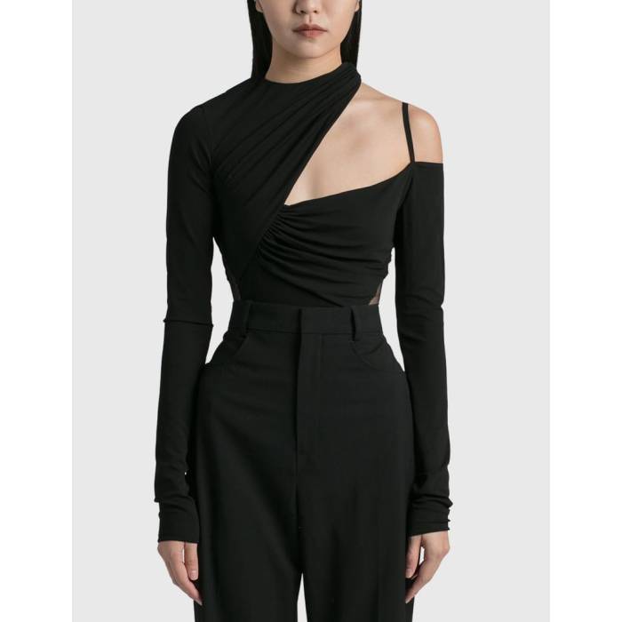 Nensi Dojaka 【 Gathered Asymmetric Long Sleeve Bodysuit Women Black 】 Sleeve 衣袂 上半身背広 レディース 黒いこと 黒いこと