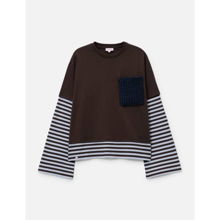 Charles Jeffrey Loverboy 【 Long Sleeve 2-In-1 Tee With Knit Patch Unisex Brown/ Stripe 】 Sleeve 捩り プルオーバー 編み物 ユニ一発やる 赤銅色 赤銅色 Stripe 縞模様