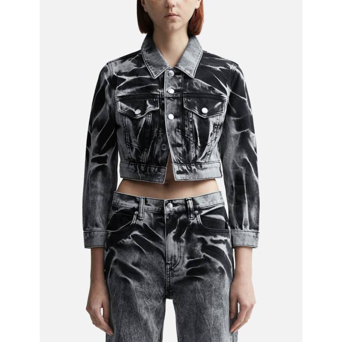 T By Alexander Wang 【 Blade Logo-Embroidered Shrunken Trucker Jacket Women Black Acid Crush 】 トラッカー Jacket 上衣 レディース 黒いこと 黒いこと