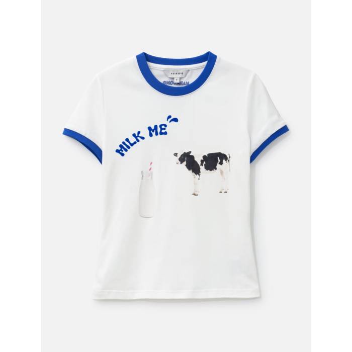 Markgong 【 Milk Me Printed T-Shirt Women White 】 ティーシャツ レディース 白いこと 白いこと