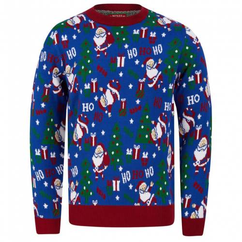 クリスマス ブルー ブルー メンズ Merry Christmas Santa Repeat Motif Novelty Jumper In Sapphire Blue Loadedcafe Com