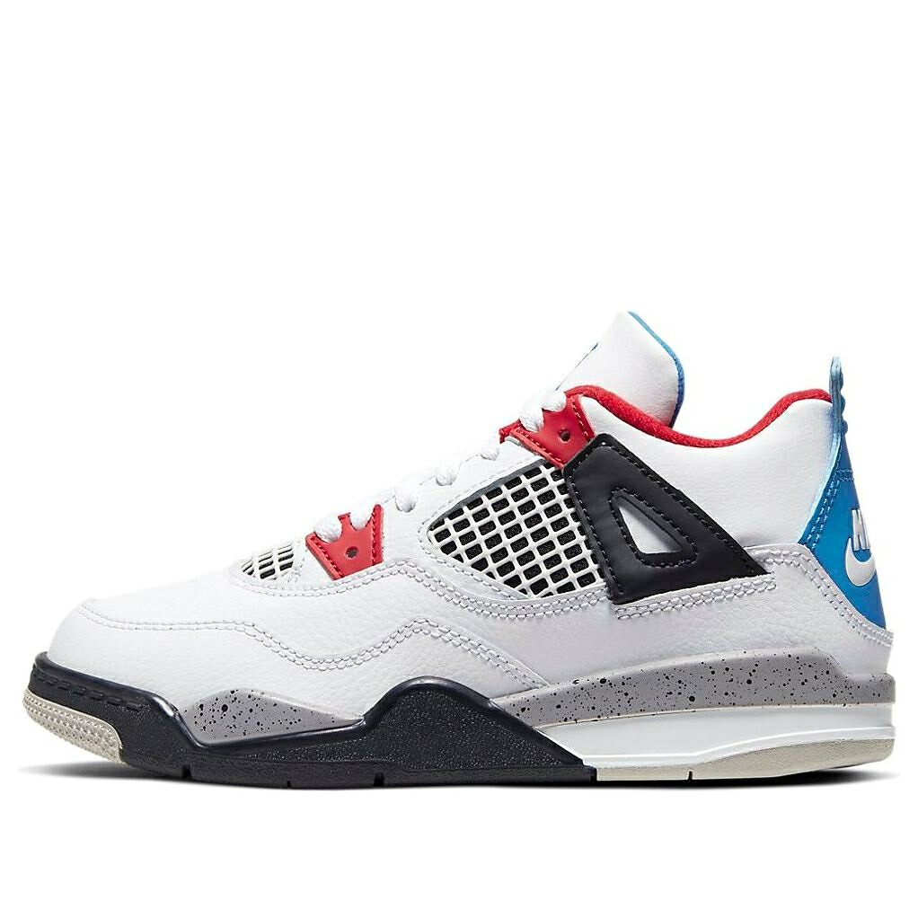 ナイキ ジョーダン 白色 ホワイト 青色 ブルー ファイア 赤 レッド 'WHAT 4' ジュニア キッズ JORDAN (PS) AIR 4 RETRO SE THE BQ7669-146 / WHITE MILITARY BLUE FIRE RED ベビー マタニティ スニーカー｜スニケス