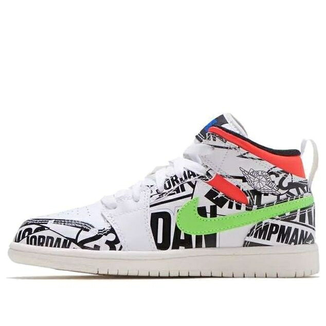 ナイキ ジョーダン ミッド 白色 ホワイト 青色 ブルー 黒色 ブラック 'ALL LOGOS' ジュニア キッズ JORDAN (PS) AIR 1 MID OVER 640734-143 / WHITE RACER BLUE BLACK CYBER ベビー マタニティ スニーカー｜スニケス