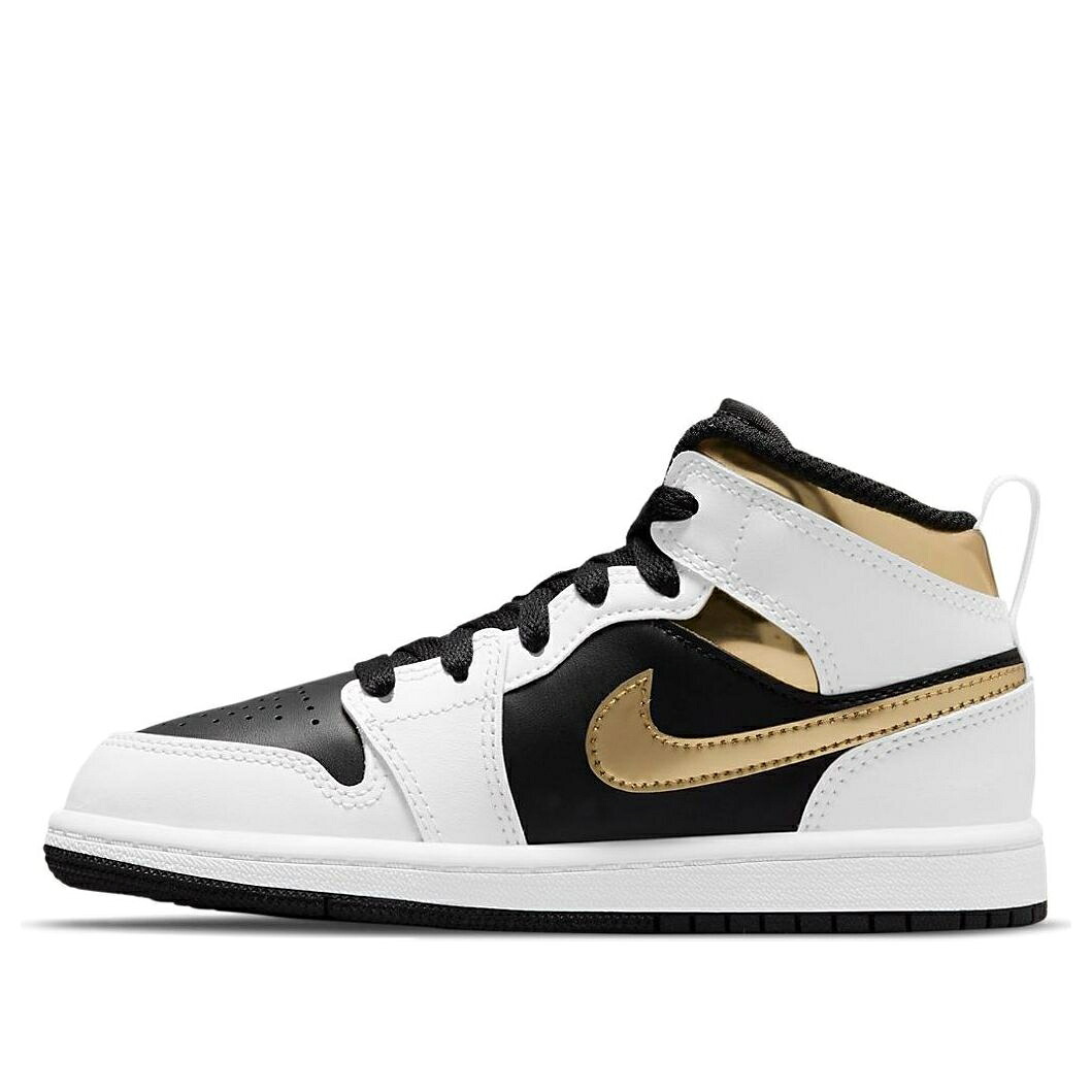 ナイキ ジョーダン ミッド 黒色 ブラック 白色 ホワイト ゴールド 'WHITE GOLD' ジュニア キッズ JORDAN (PS) AIR 1 MID 640734-190 / BLACK WHITE GOLD ベビー マタニティ スニーカー|スニケス