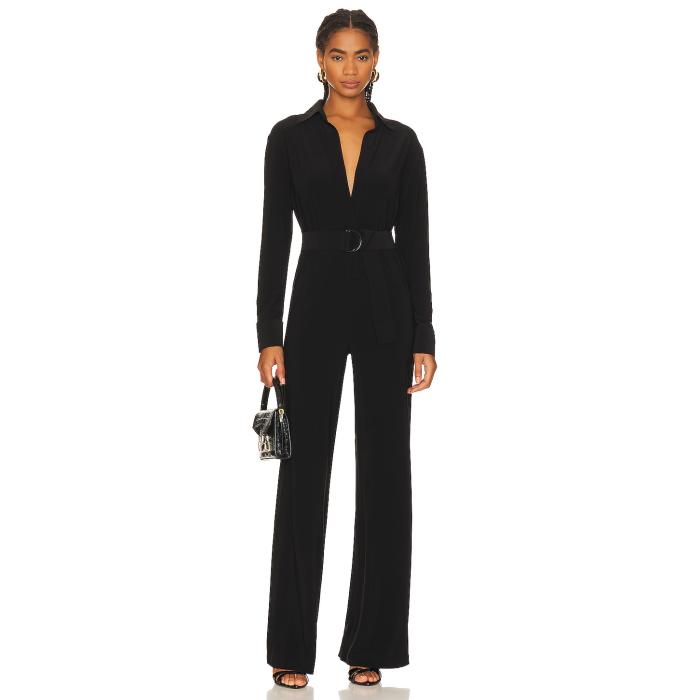 Norma Kamali 【 Shirt Straight Leg Jumpsuit With Collar Stand Women Black 】 飛び降りる背広 レディース 黒いこと 黒いこと