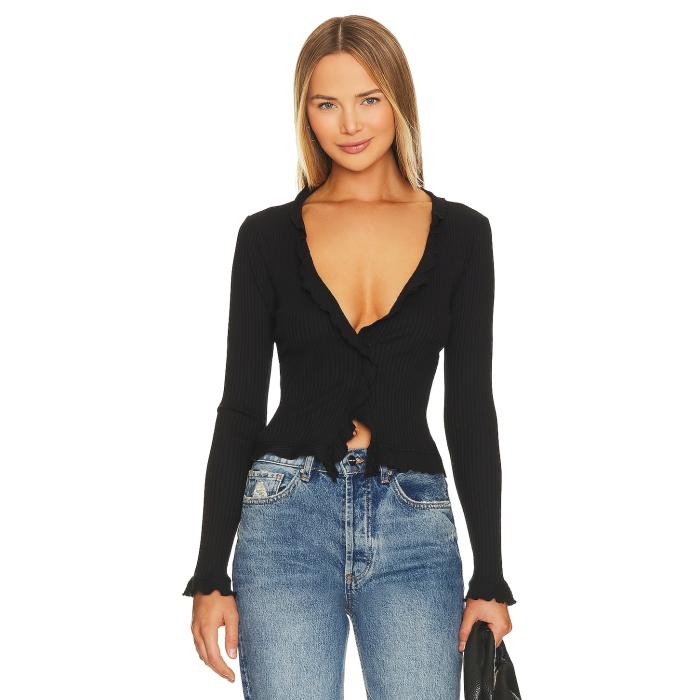 La Made 【 Sweet Serenade Ruffle Cardigan Women Black 】 ジレー レディース 黒いこと 黒いこと