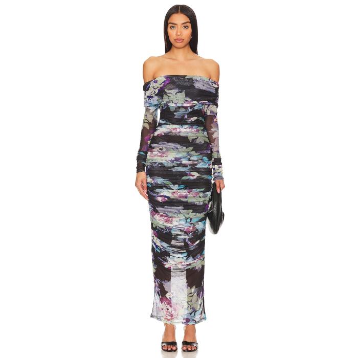 Nicholas 【 Oaklyn Off Shoulder Shirred Midi Dress Women Antique Floral Black 】 ドレス レディース 黒色 ブラック｜スニケス 33,280円