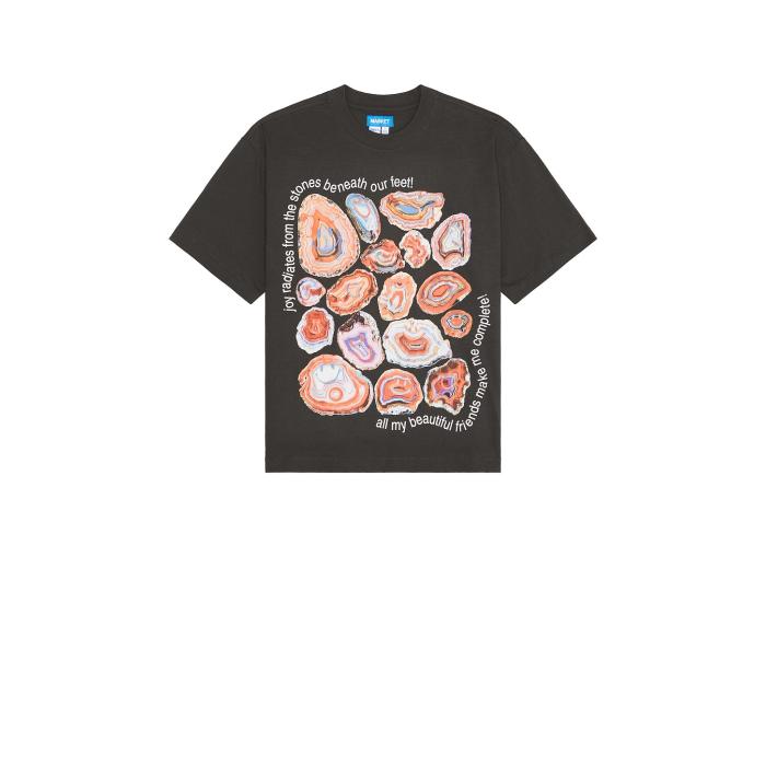 Market 【 Smiley Radiating Joy T-Shirt Men Washed Black 】 Tシャツ メンズファッション トップス Tシャツ カットソー メンズ 黒色 ブラック