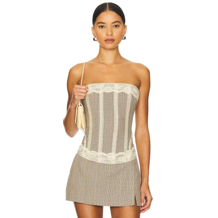 Miaou 【 Libra Corset Women Brown Check 】 レディースファッション トップス ベアトップ チューブトップ レディース 茶色 ブラウン