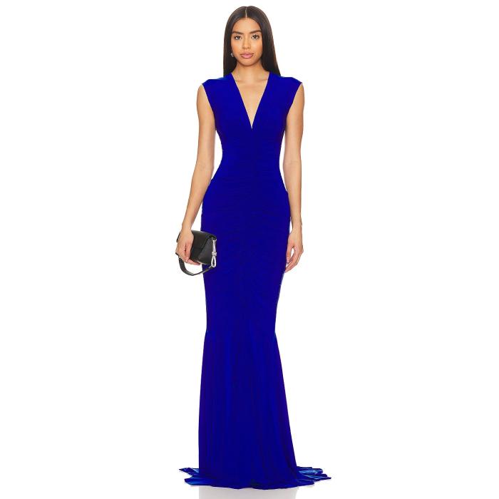 Norma Kamali 【 Sleeveless Deep V Neck Shirred Front Fishtail Gown Women Electric Blue 】 Sleeveless ノンスリーブ ディープ レディースファッション ドレス レディース 青色 ブルー