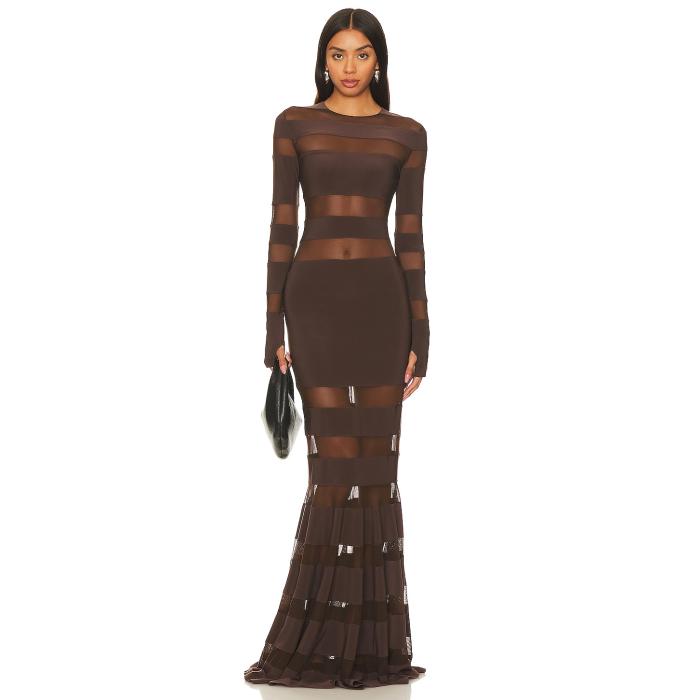 Norma Kamali 【 Spliced Dress Fishtail Gown Women Chocolate & Chocolate Mesh 】 ドレス レディースファッション ドレス レディース