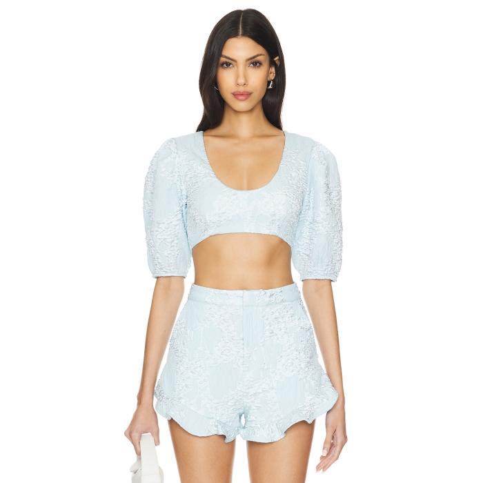 Camila Coelho 【 Kahlo Crop Top Women Light Blue 】 Crop クロップ レディースファッション トップス ベアトップ チューブトップ レディース 青色 ブルー