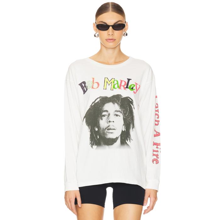 Daydreamer 【 Bob Marley Catch A Fire Relaxed Long Sleeve Tee Shirt Women Vintage White 】 ファイア Sleeve スリーブ Tシャツ レディースファッション トップス Tシャツ カットソー レディース vintage ビンテージ・