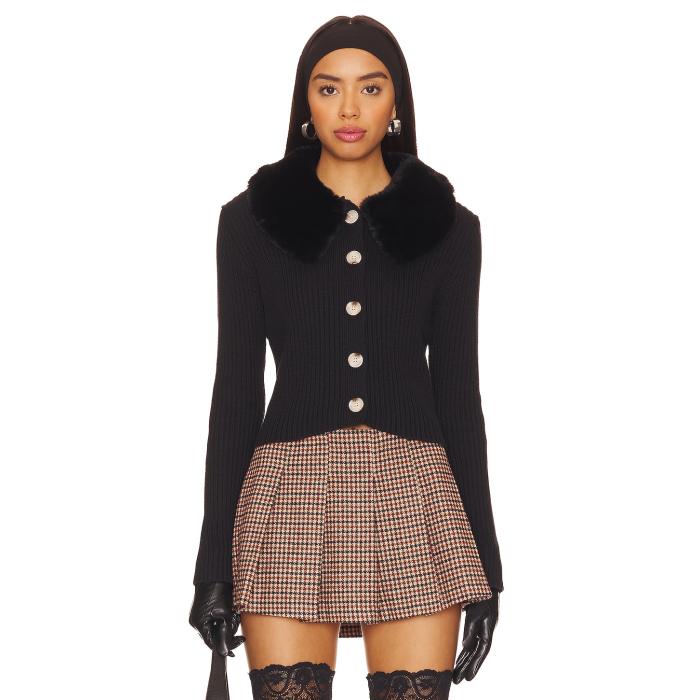 Central Park West 【 Delilah Faux Fur Collar Cardigan Women Black 】 ジレー レディース 黒いこと 黒いこと