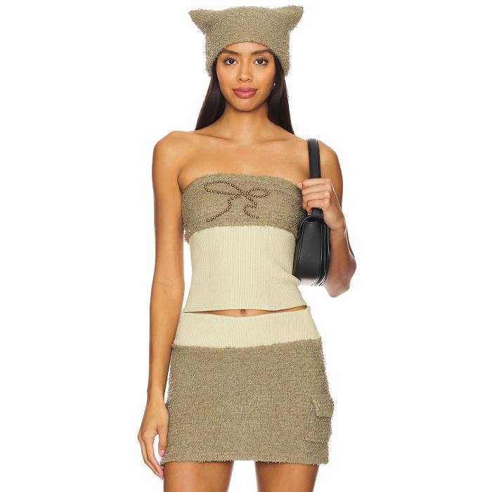 Zemeta 【 Ribbon Stud Fuzzy Tube Top Women Olive 】 レディースファッション トップス ベアトップ チューブトップ レディース olive オリーブ