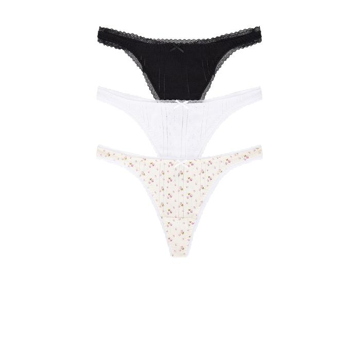 Cou Cou Intimates 【 The 3 Pack Thong Women Black, White, & English Rose 】 インナー 下着 ナイトウェア レディース インナー 下着 ランジェリー ショーツ Tバック Gストリング レディース Rose ローズ