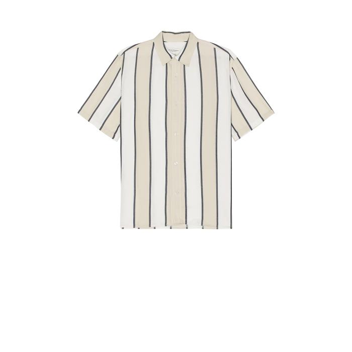 Club Monaco 【 Short Sleeve Cabana Stripe Shirt Men Khaki Stripe 】 Sleeve スリーブ Stripe ストライプ メンズファッション トップス カジュアルシャツ メンズ カーキ Stripe ストライプ