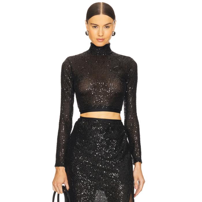 Enza Costa 【 Sequin Cropped Long Sleeve Mock Neck Top Women Black 】 Sleeve 捩り レディース 黒いこと 黒いこと
