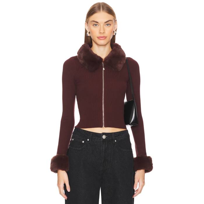 More To Come 【 Natalie Knit Zip Cardigan Women Chocolate Brown 】 編み物 ジレー レディース 赤銅色 赤銅色