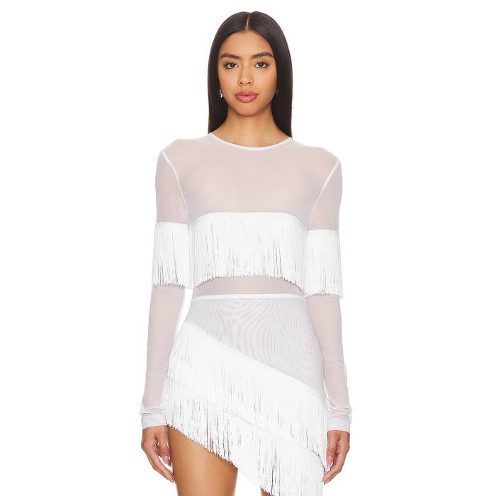 Norma Kamali 【 Long Sleeve Crewneck Fringe Top Women Snow White 】 Sleeve 捩り レディース 白いこと 白いこと
