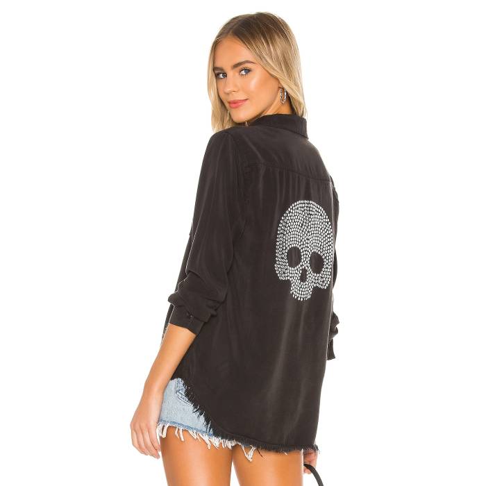 Lauren Moshi 【 Sloane Nailhead Skull Button Up Denim Shirt Women Onyx 】 ジーンズ レディース