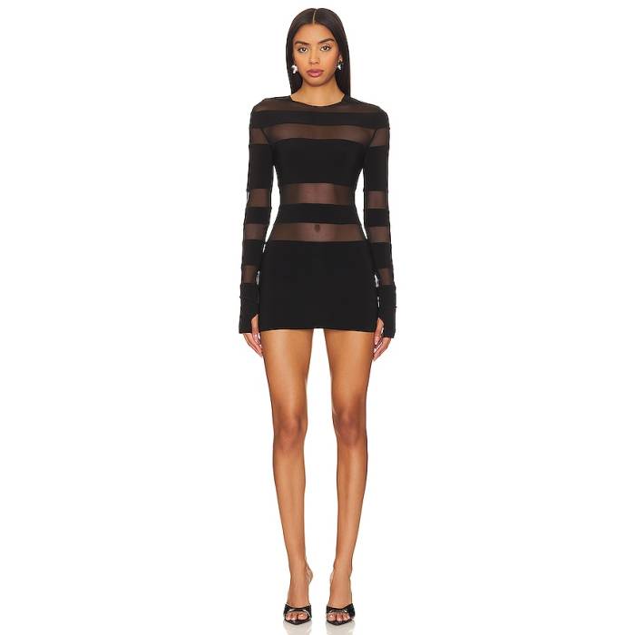 Norma Kamali 【 Spliced Long Sleeve Pickleball Dress Women Black \u0026Amp; Black Mesh 】 Sleeve 捩り お召しもの レディース 黒いこと 黒いこと