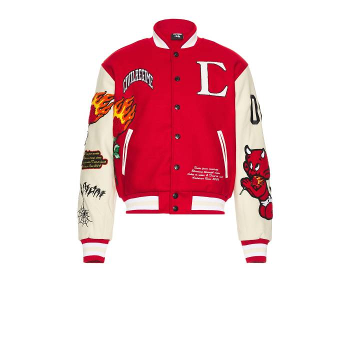 Civil Regime 【 Flames Varsity Letterman Jacket Men Butter & Red 】 フレームス Jacket ジャケット メンズファッション コート ジャケット メンズ Red 赤・レッド
