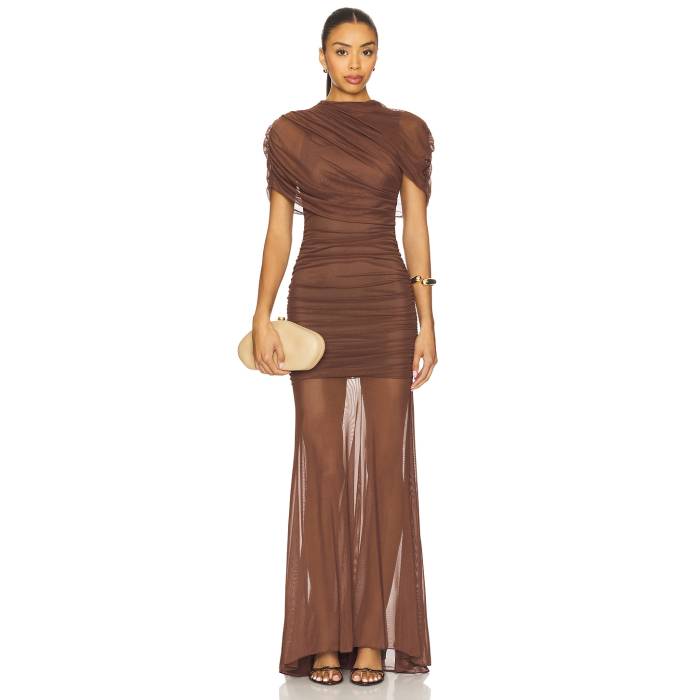 アマンダアプリチャード Amanda Uprichard 【 X Revolve Evianna Mesh Gown Women Chocolate Brown 】 レディース 赤銅色 赤銅色