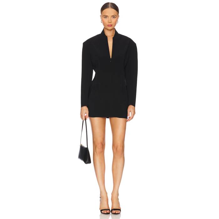 Norma Kamali 【 Oversized Long Sleeve Shoulder Pad Front Zip Mini Dress Women Black 】 Sleeve 捩り お召しもの レディース 黒いこと 黒いこと