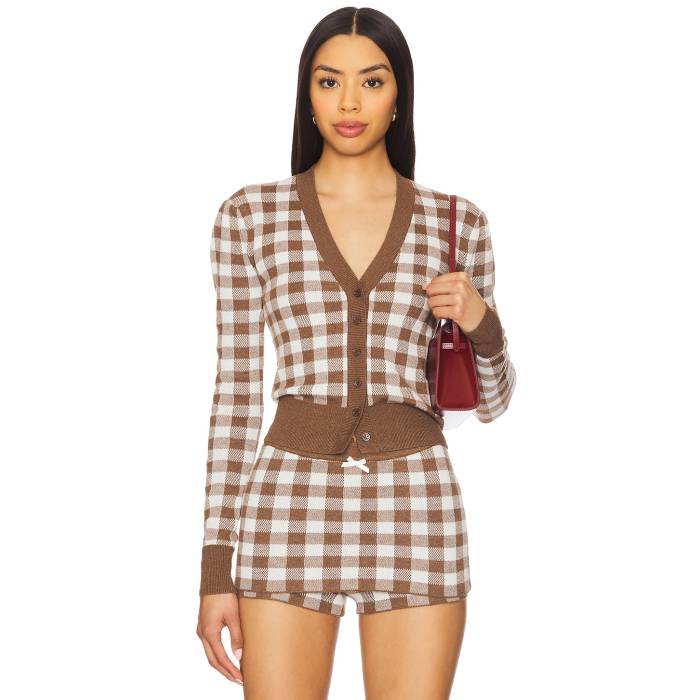 For Love & Lemons 【 Gingham Knit Cardigan Women Brown 】 ニット カーディガン レディースファッション トップス カーディガン ボレロ レディース 茶色 ブラウン