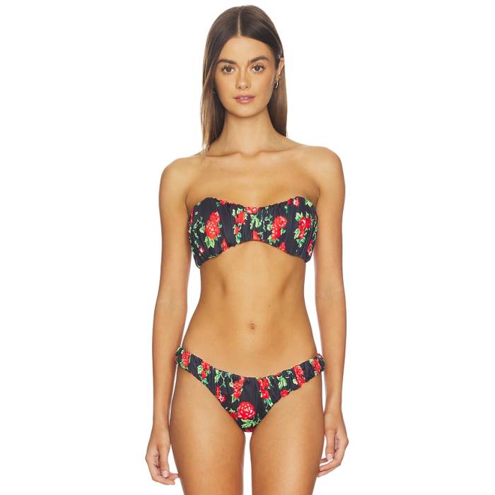 Caroline Constas 【 Leila Ruched Bandeau Bikini Top Women Black \u0026Amp; Red Multi 】 レディース 黒いこと 黒いこと Red 赤・赤いこと