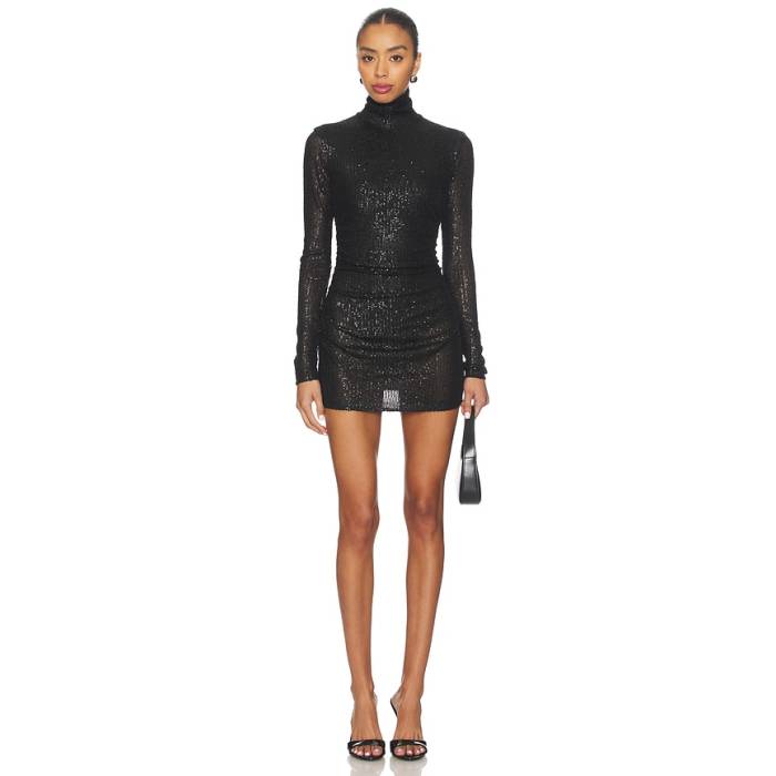 Norma Kamali 【 X Revolve Long Sleeve Turtleneck Pickleball Dress Women Black Sequin 】 Sleeve 捩り お召しもの レディース 黒いこと 黒いこと