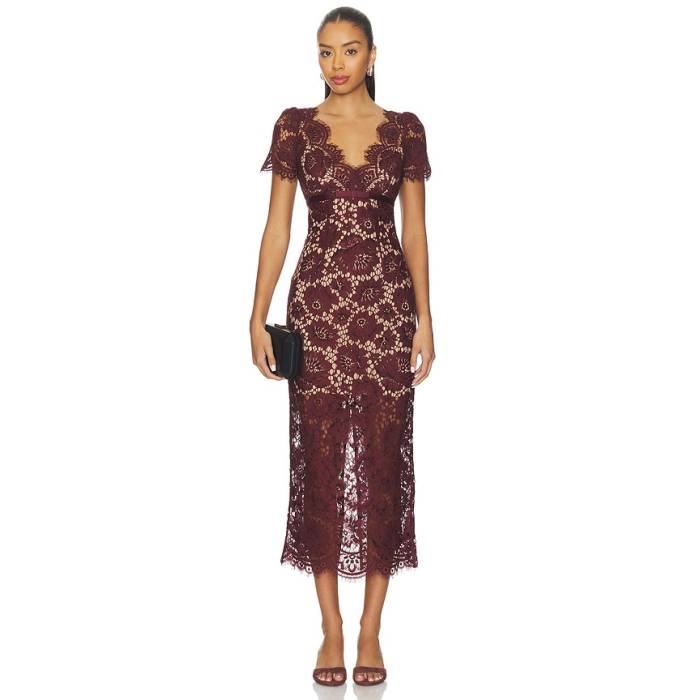 Self-Portrait 【 Floral Lace Midi Dress Women Burgundy 】 御召しもの レディース ブドウ酒色・バーガンディー