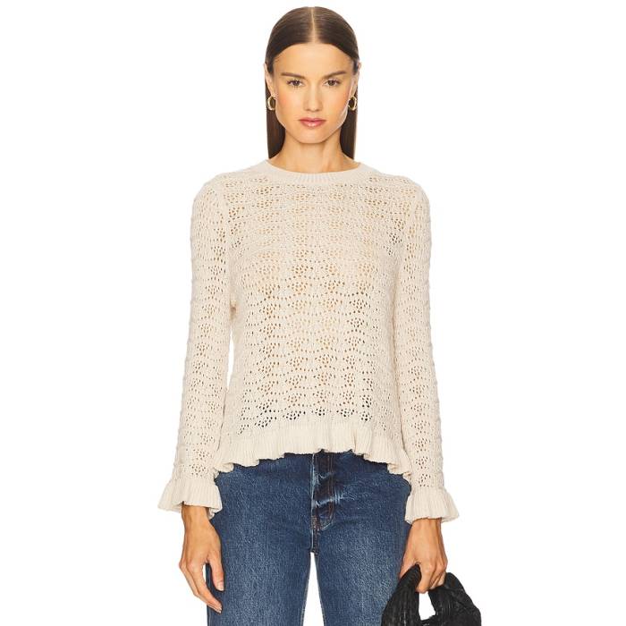 秋期カシミヤ Autumn Cashmere 【 Pointelle Ruffle Edge Crew Top Women Natural 】 労働者の一団 レディース 自然的