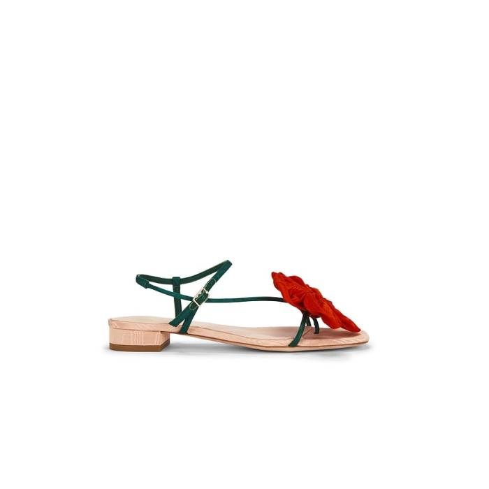 ロフラーランドール Loeffler Randall 【 Genevieve Flower Applique Flat Sandal Women Nude, Green, \u0026Amp; Red Moir? 】 レディース Red 赤・赤いこと