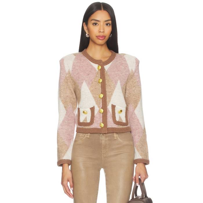 L\u0027agence 【 Siobhan Fuzzy Argyle Cardi Women Natural \u0026Amp; Mauve Multi Argyle 】 レディース 自然的