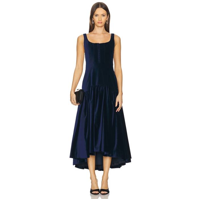 アリスアンドオリビア Alice + Olivia 【 Diana Sleeveless Structured Midi Dress Women Dark Midnight Blue 】 Sleeveless ノン衣袂 御召しもの レディース 青碧 青碧