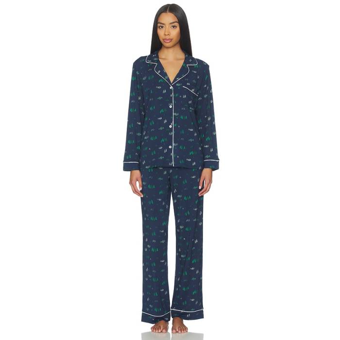 エバージェイ Eberjey 【 Gisele Printed Long Pj Set Women Forest Pine Navy \u0026Amp; Ivory 】 レディース フォレスト 紺色 米国海軍 象牙色