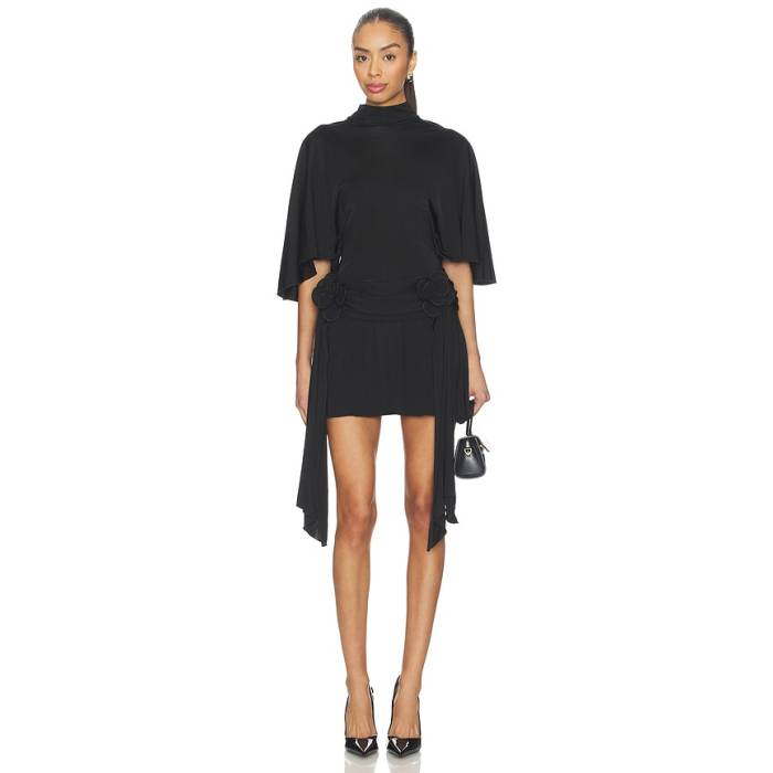David Koma 【 3D Lace Flower Detail Draped Sleeve Mini Dress Women Black 】 Sleeve 衣袂 御召しもの レディース 黒いこと 黒いこと
