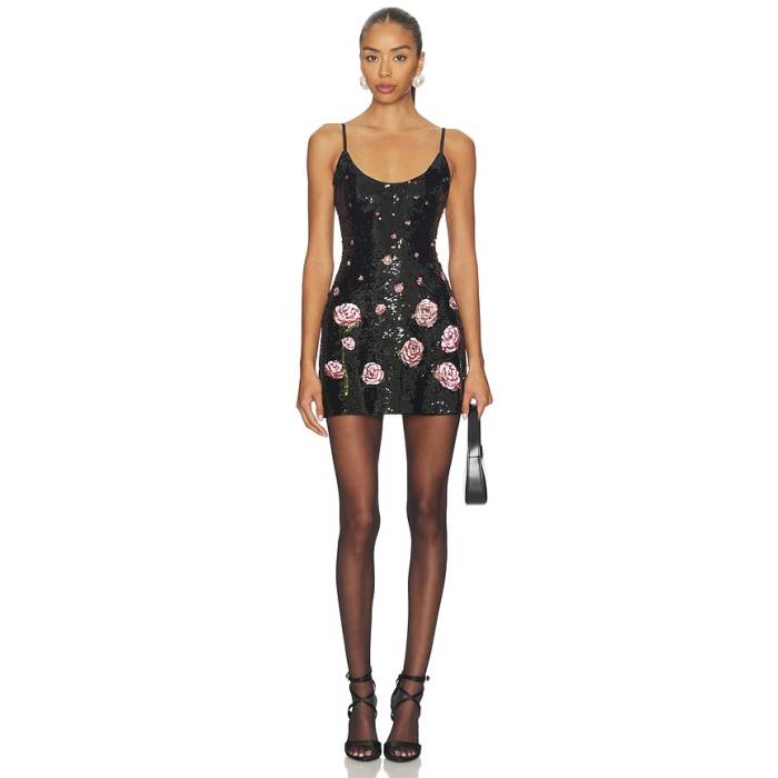 Guizio 【 Sequin Mini Dress Women Floral Black 】 御召しもの レディース 黒いこと 黒いこと