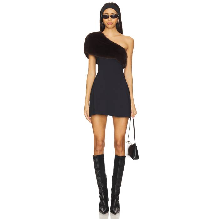 Weworewhat 【 Faux Fur One Shoulder Mini Women Black & Brown 】 レディースファッション ドレス レディース 黒色 ブラック 茶色 ブラウン
