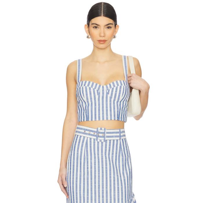 Cara Cara 【 Claudine Top Women Ivory Blue Striped Seersucker 】 レディース 象牙色 青み 青色
