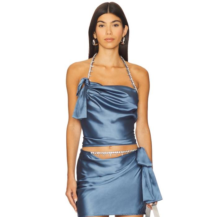 Area 【 Crystal Embellished Satin Halter Top Women Steel Blue 】 繻子 レディース Steel スチール写真 青碧 青碧