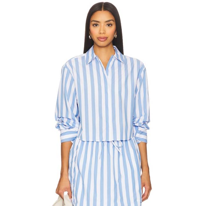 Simkhai 【 Renata Cropped Button Down Shirt Women French Blue Stripe 】 落ち込む レディース 青味 青み Stripe 縞模様