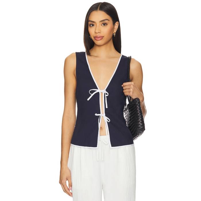 オニア Onia 【 Air Linen Tie Front Top Women Deep Navy &Amp; White 】 ネクタイ レディース ディープ 紺色 ネイビー 白色 ホワイト｜スニケス 19,944円