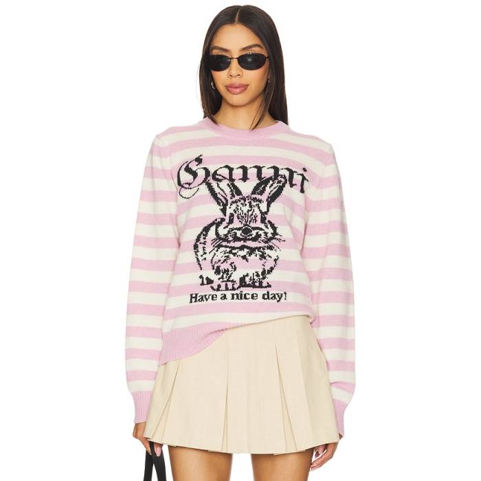 ガニー Ganni 【 Striped Bunny Graphic Sweater Women Primrose Pink 】 グラフィック 調教師 レディース pink さくら色