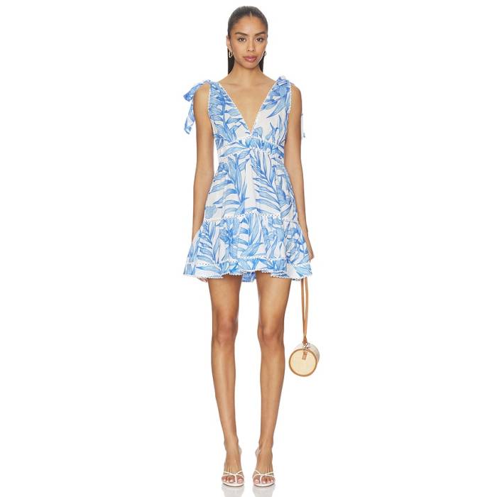 Poupette St Barth 【 Cara Mini Dress Women Blue Palm Leaf 】 御召しもの レディース 青味 青み