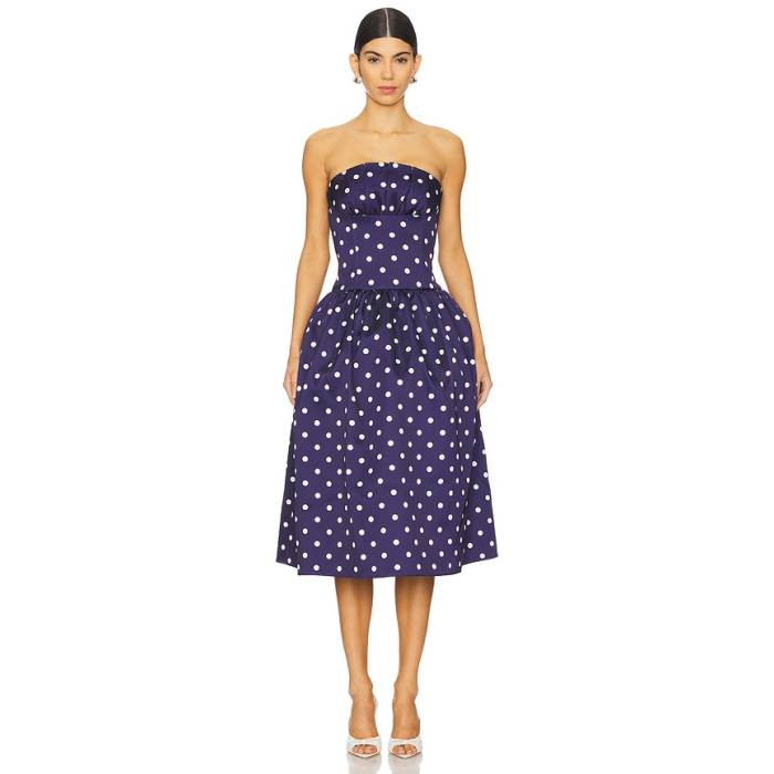 Self-Portrait 【 Polka Dot Satin Midi Dress Women Navy 】 サテン ドレス レディース 紺色 ネイビー｜スニケス